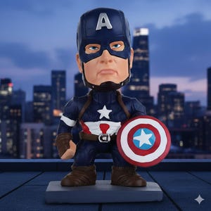 May include: A Captain America bobblehead figurine. The figure is wearing a blue helmet with a white "A", a blue and white suit, and brown boots. It holds a shield with a red, white, and blue design. The background shows a cityscape.