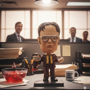 Puede incluir: Figura de bobblehead de un hombre con traje marrón y gafas, sosteniendo una versión más pequeña de sí mismo. Una taza con "WORLD'S BEST BOSS" está en el escritorio. La escena está ambientada en una oficina con otras figuras al fondo.