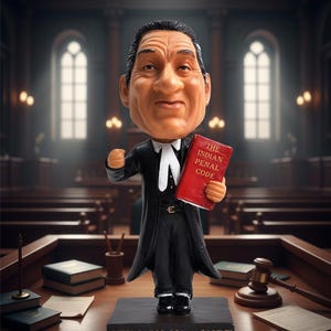 May include: A judge figurine holding a red book titled "THE INDIAN PENAL CODE" in a courtroom. The judge wears a black robe and white collar. The base of the figurine reads "SEE YOU IN COURT".
