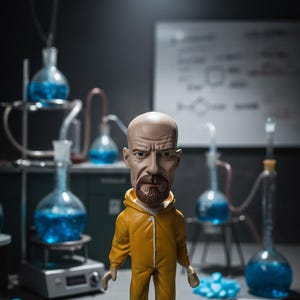 Puede incluir: Figura de un hombre con mono amarillo, calvo y con barba, de pie sobre una base de cristal azul. El fondo presenta equipos de laboratorio con líquido azul y una pizarra.