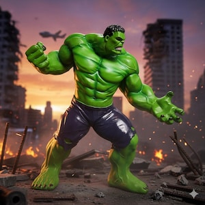May include: A green Hulk figurine in a dynamic pose, with clenched fists and an open hand. The figure wears dark purple shorts. The background shows a city in ruins with an orange and yellow sky, suggesting a post-apocalyptic theme.