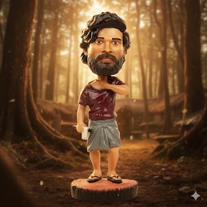 May include: A bobblehead figurine of a man with a beard, wearing a maroon shirt and gray shorts. The figurine stands on a wooden base and is set against a blurred forest backdrop. The figure is holding a small white object.