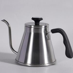 May include: Stainless steel gooseneck kettle with a black handle and lid knob. The kettle has a long, curved spout for precise pouring. The design is modern and sleek, suitable for brewing coffee or tea.