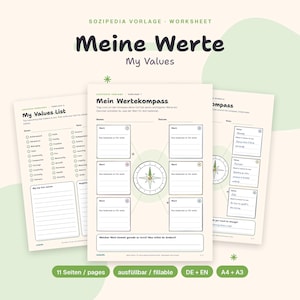 Peut inclure: Un ensemble de feuilles de travail imprimables intitulées Meine Werte et My Values, comprenant un modèle de boussole des valeurs avec des cases numérotées pour noter des valeurs personnelles, une liste et des espaces pour les noms et dates.