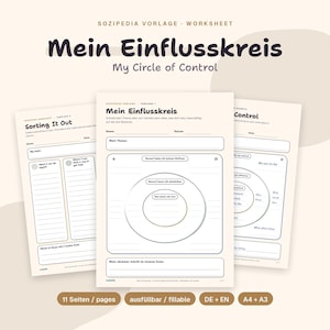 Peut inclure: Un ensemble de feuilles de travail imprimables intitulées Mein Einflusskreis et My Circle of Control, comprenant des sections pour trier les pensées, définir des thèmes et cartographier l'influence personnelle avec des cercles concentriques.