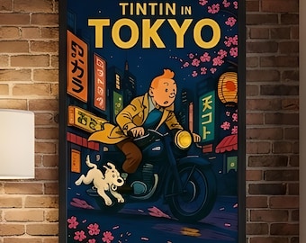 OFFICIAL Tintin in Tokyo Poster | Framed Vintage Motorcycle Wall Art, Retro Japan Print