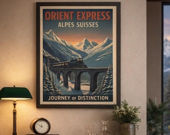 Orient Express Framed Vintage Travel Poster | Swiss Alps Train Art, Art Deco Wall Decor