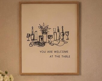Welcome at the Table | Handmade on Canvas with Natural Australian Pinewood Frame, Christian Art