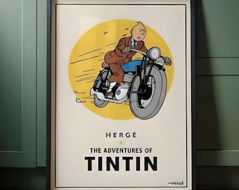 OFFICIAL Tintin Motorcycle Print | Adventures of Tintin Framed Retro Poster, Biker Wall Art