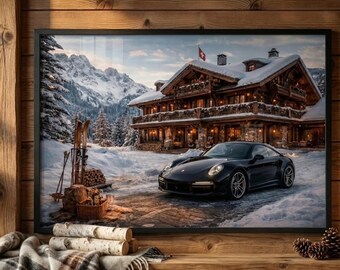 Porsche 911 Winter Chalet Print | Racing Luxury Sports Car Wall Art