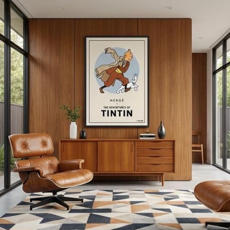 Póster oficial de Tintín y Milú estilo cómic vintage / Cuadro retro de dibujos animados enmarcado para pared, decoración minimalista. imagen 5