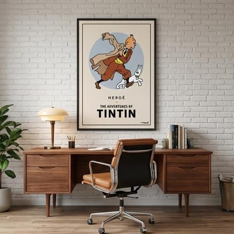 Póster oficial de Tintín y Milú estilo cómic vintage / Cuadro retro de dibujos animados enmarcado para pared, decoración minimalista. imagen 3