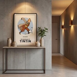 Póster oficial de Tintín y Milú estilo cómic vintage / Cuadro retro de dibujos animados enmarcado para pared, decoración minimalista. imagen 4