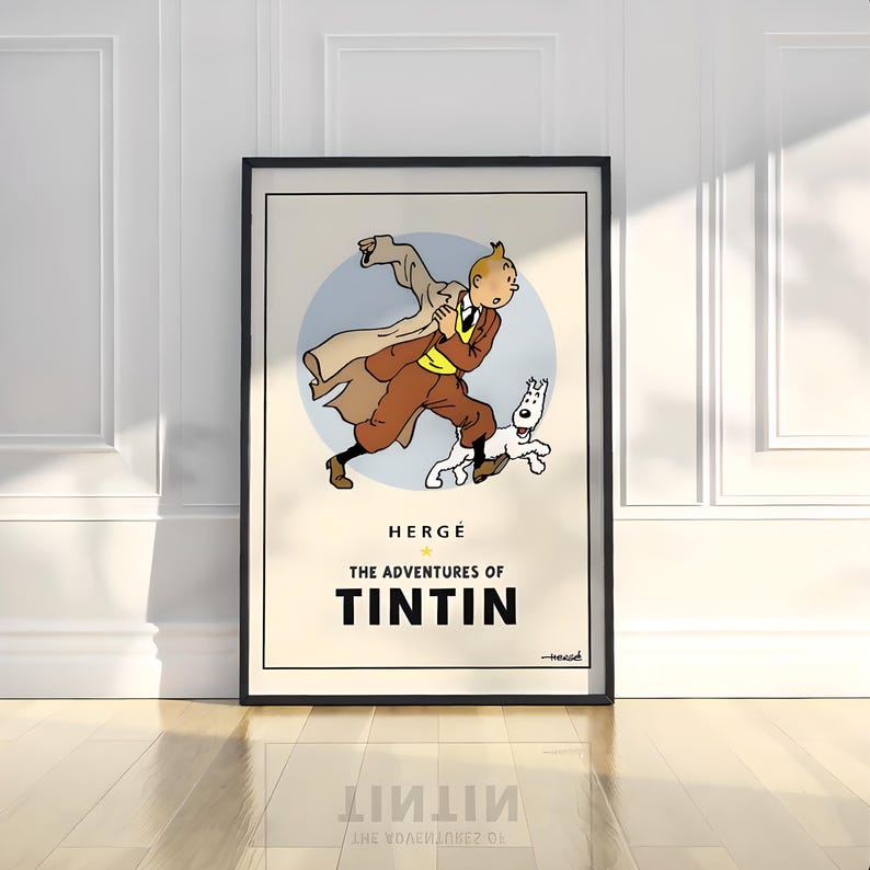 Póster oficial de Tintín y Milú estilo cómic vintage / Cuadro retro de dibujos animados enmarcado para pared, decoración minimalista. imagen 1
