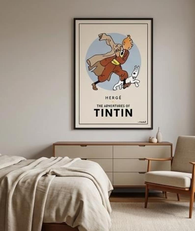 Póster oficial de Tintín y Milú estilo cómic vintage / Cuadro retro de dibujos animados enmarcado para pared, decoración minimalista. imagen 7