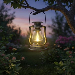 Puede incluir: Una linterna solar de estilo vintage cuelga de una rama de árbol. La linterna tiene una carcasa de vidrio transparente y un marco de metal de color bronce. El fondo presenta un jardín con vegetación y flores, con una suave puesta de sol.