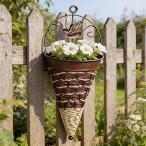Puede incluir: Una jardinera colgante con una cesta cónica tejida marrón y crema, llena de flores blancas. La jardinera está suspendida de un soporte metálico con un pájaro decorativo y una parte superior circular, sujeta a una valla de madera.