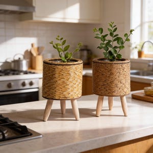 Rattan Planter with Wooden Legs, Woven Indoor Plant Stand