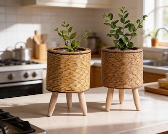Maceta de ratán con patas de madera, soporte tejido para plantas de interior
