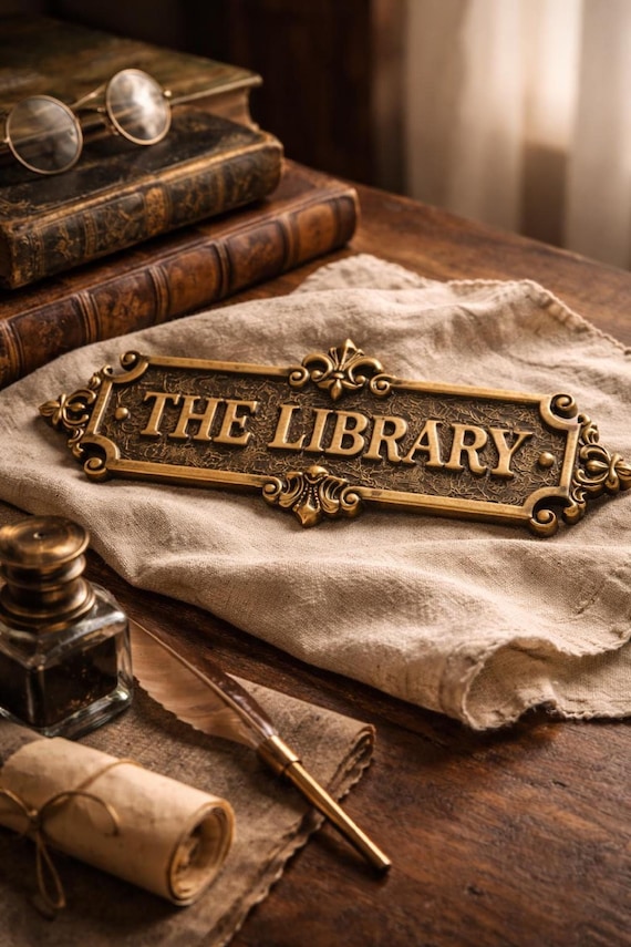 Library room sign Solid Brass Door Plaque, Antique Brass Finish Victorian Hardware