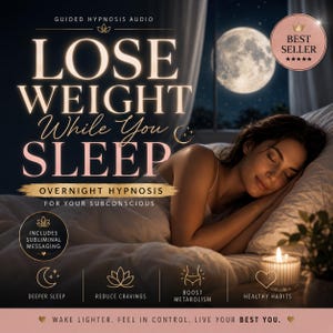 May include: A digital graphic for guided hypnosis audio titled LOSE WEIGHT While You SLEEP. It features a sleeping person, a full moon, and text detailing benefits like deeper sleep, reduced cravings, boosted metabolism, and healthy habits.