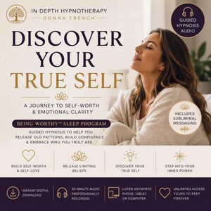 May include: A promotional graphic for In Depth Hypnotherapy by Donna French titled Discover Your True Self. It features text about a sleep programme, guided hypnosis, and subliminal messaging, alongside icons for self-worth, beliefs, and digital access.