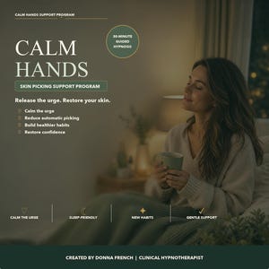Könnte beinhalten: Ein digitaler Flyer für das Calm Hands Support Program mit dem Text: Calm Hands, Skin Picking Support Program, Release the urge. Restore your skin. Calm the urge, Reduce automatic picking, Build healthier habits, Restore confidence.