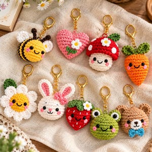 May include: A collection of nine crocheted keychains featuring various designs including a bee, a pink heart, a red mushroom, a carrot, a white flower, a rabbit, a strawberry, a green frog, and a brown bear with a blue bow tie.