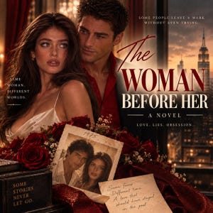 Puede incluir: Una portada de libro titulada The Woman Before Her que muestra a un hombre y una mujer en primer plano, rosas rojas, una fotografía antigua de 1975 y una nota escrita a mano. El fondo muestra un horizonte urbano al atardecer con texto que incluye Some people leave a mark without even trying y Love. Lies. Obsession.