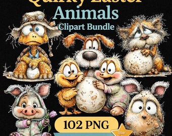 Paquete de imágenes prediseñadas de animales de Pascua peculiares: conejo, cerdo y pollito (descarga digital)