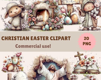 Paquete de imágenes prediseñadas de Pascua cristiana / Él ha resucitado PNG / Cruz y cordero en acuarela / Manualidad religiosa de primavera
