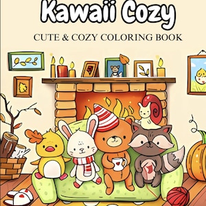 Könnte beinhalten: Ein Malbuchcover mit dem Text "Kawaii Cozy" und "Cute & Cozy Coloring Book". Die Illustration zeigt Zeichentierfiguren, darunter eine Ente, ein Kaninchen, ein Bär und ein Waschbär, die auf einem grünen Sofa vor einem Kamin sitzen.