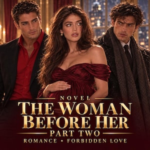 May include: A book cover featuring a pregnant woman in a dark red off-the-shoulder dress flanked by two men in formal attire. The text reads: NOVEL THE WOMAN BEFORE HER PART TWO ROMANCE FORBIDDEN LOVE. The background shows a city at night.