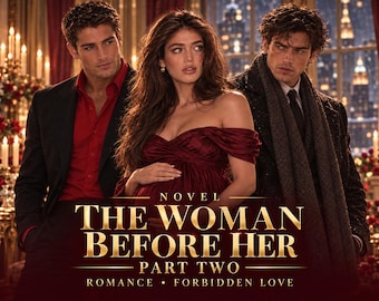Puede incluir: Una portada de libro con una mujer embarazada en un vestido rojo oscuro de hombros descubiertos flanqueada por dos hombres con ropa formal. El texto dice: NOVEL THE WOMAN BEFORE HER PART TWO ROMANCE FORBIDDEN LOVE. Fondo de ciudad nocturna.