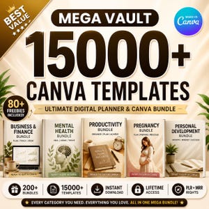 Puede incluir: Un paquete de plantillas de Canva y planificador digital con el texto "MEGA VAULT" y "15000+ CANVA TEMPLATES". La imagen incluye portadas de libros para negocios, salud mental, productividad, embarazo y desarrollo personal.