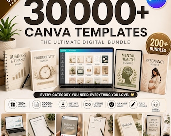 Más de 30 000 Mega Bóveda / PLR + MRR / Plantillas editables de Canva / Paquetes digitales