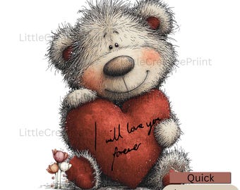 Clipart de osito de peluche de San Valentín, ilustración de corazón, diseño "Te amo para siempre", manualidad imprimible, descarga digital
