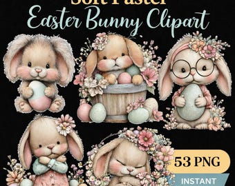 Paquete de imágenes prediseñadas de conejo de Pascua en tonos pastel suaves, 53 gráficos PNG (descarga digital)