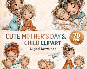Paquete de imágenes prediseñadas de acuarela de madre e hijo, 70 imágenes PNG de maternidad (descarga digital)