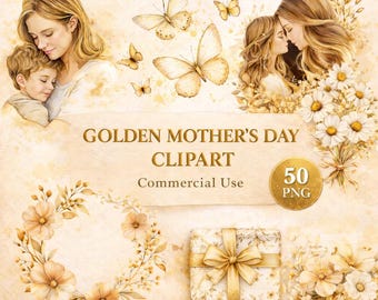 Paquete de imágenes prediseñadas doradas del Día de la Madre / Gráficos de acuarela para mamá e hijo (50 PNG)