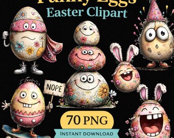 Paquete de imágenes prediseñadas de huevos de Pascua divertidos / 70 personajes de dibujos animados PNG (descarga digital)