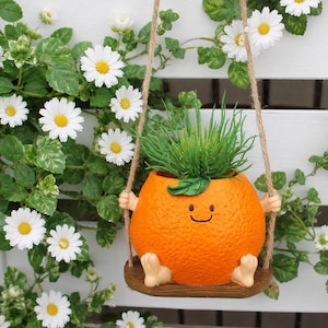 May include: An orange-shaped planter with a smiling face, arms, and feet, swinging from a rope. The planter holds green grass and sits on a wooden swing. White daisies and green foliage surround the planter.
