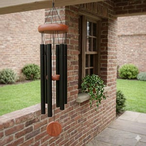 May include: A hanging wind chime with a wooden top, middle, and bottom disc. The wind chime has black metal tubes hanging from the wooden top. The wind chime is hanging outside a brick building.