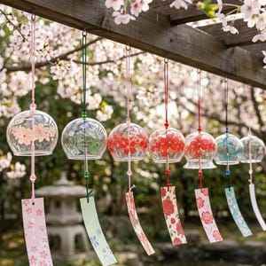 Carillon éolien Sakura en verre fait main • Cloche japonaise en fleurs de cerisier pour jardin, décoration d'intérieur
