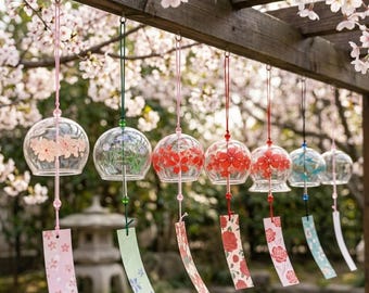 Handmade Glass Sakura Wind Chime • Japanese Cherry Blossom Bell for Garden Home Decor
