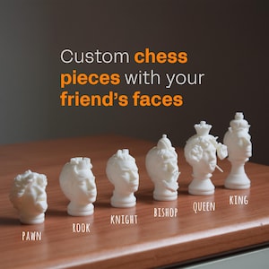 Personalized chess set with faces, 3D printed pieces, gift for friends and couples