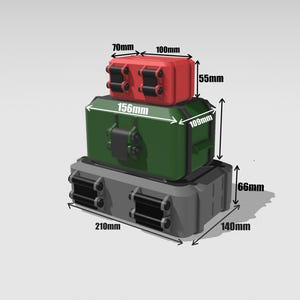 May include: A stack of three protective cases in red, green, and gray. The red case is 100mm x 70mm x 55mm, the green case is 156mm x 109mm, and the gray case is 210mm x 140mm x 66mm. Each case has secure latches.