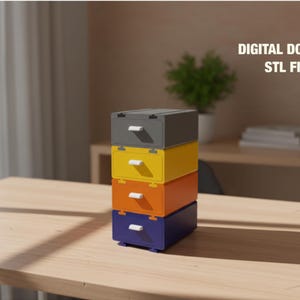 May include: A stack of four small, colourful storage drawers. The top drawer is grey, the second is yellow, the third is orange, and the bottom is blue. Each drawer has a white handle. Text on the top right says "DIGITAL DOWNLOAD STL FILES."