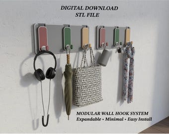 Sistema modular de ganchos de pared STL / Organizador expandible (Descarga digital)