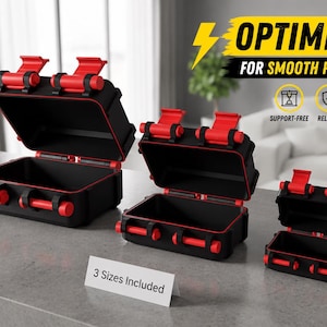 May include: Three black and red storage containers of varying sizes are displayed on a grey surface. The containers have red hinges and latches. The image includes the text "OPTIMIZED FOR SMOOTH PRINTING!" and "3 Sizes Included".